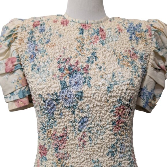Vintage Phoebe Petites Womens Sz M? Floral Smocked Bow Puff Sleeve Cottage Dress - Picture 5 of 10